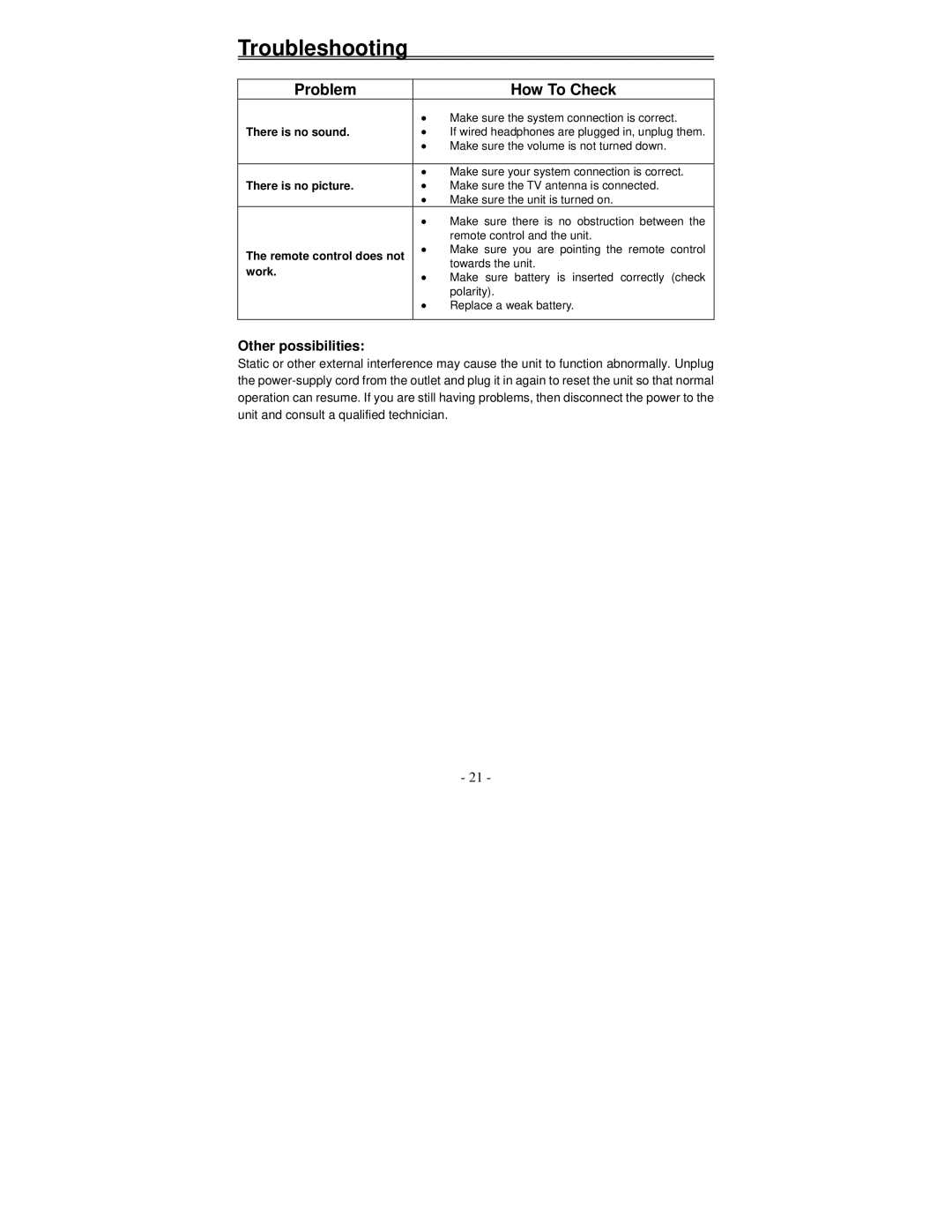 Polaroid FLM-0711LA manual Troubleshooting, Problem How To Check 