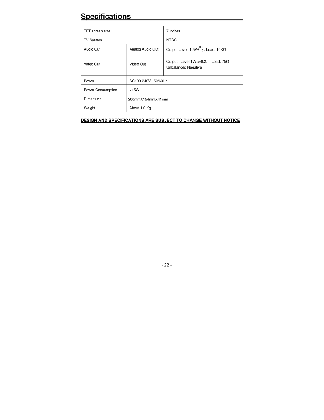 Polaroid FLM-0711LA manual Specifications, Ntsc 