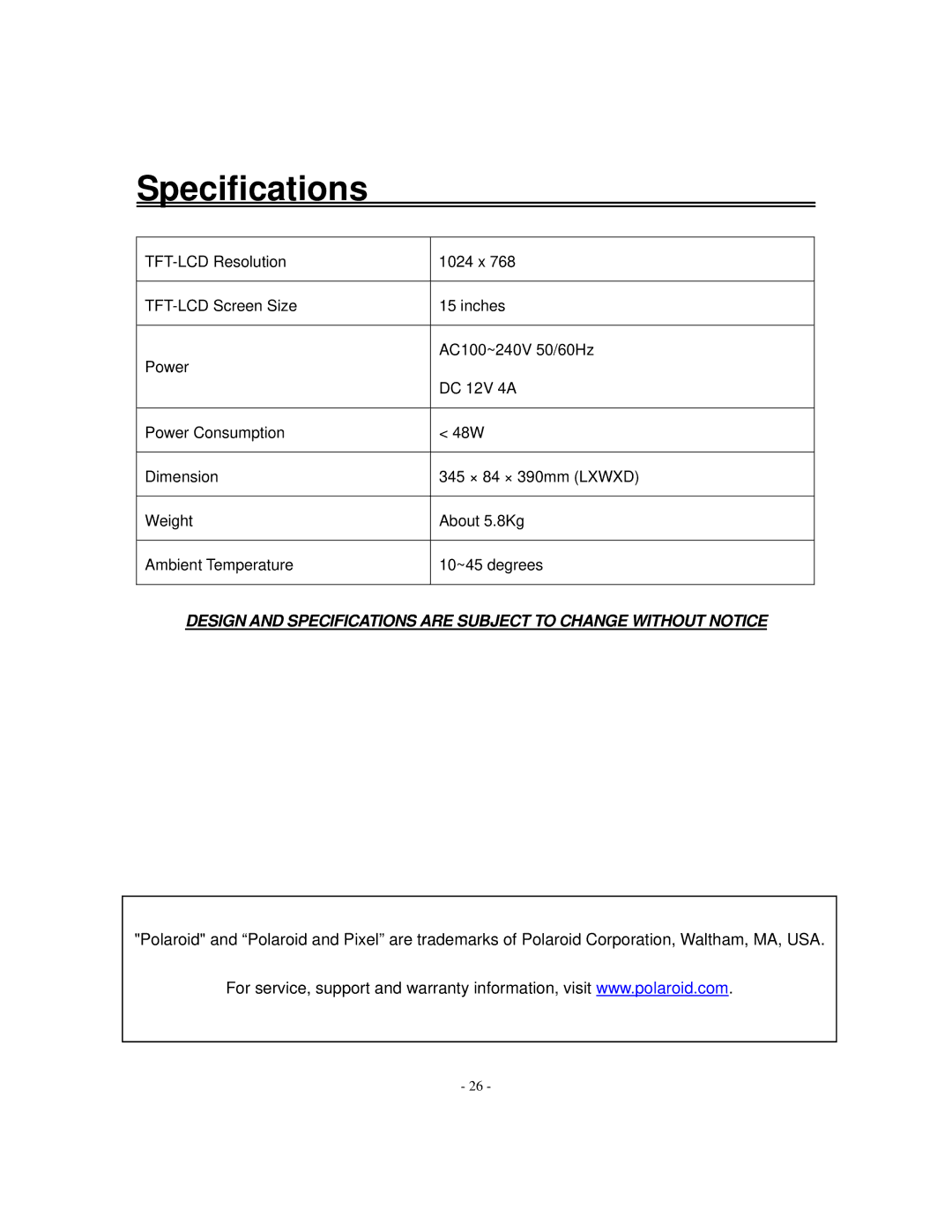 Polaroid FLM-153B, FLM-1517, FLM-1514B manual Specifications 