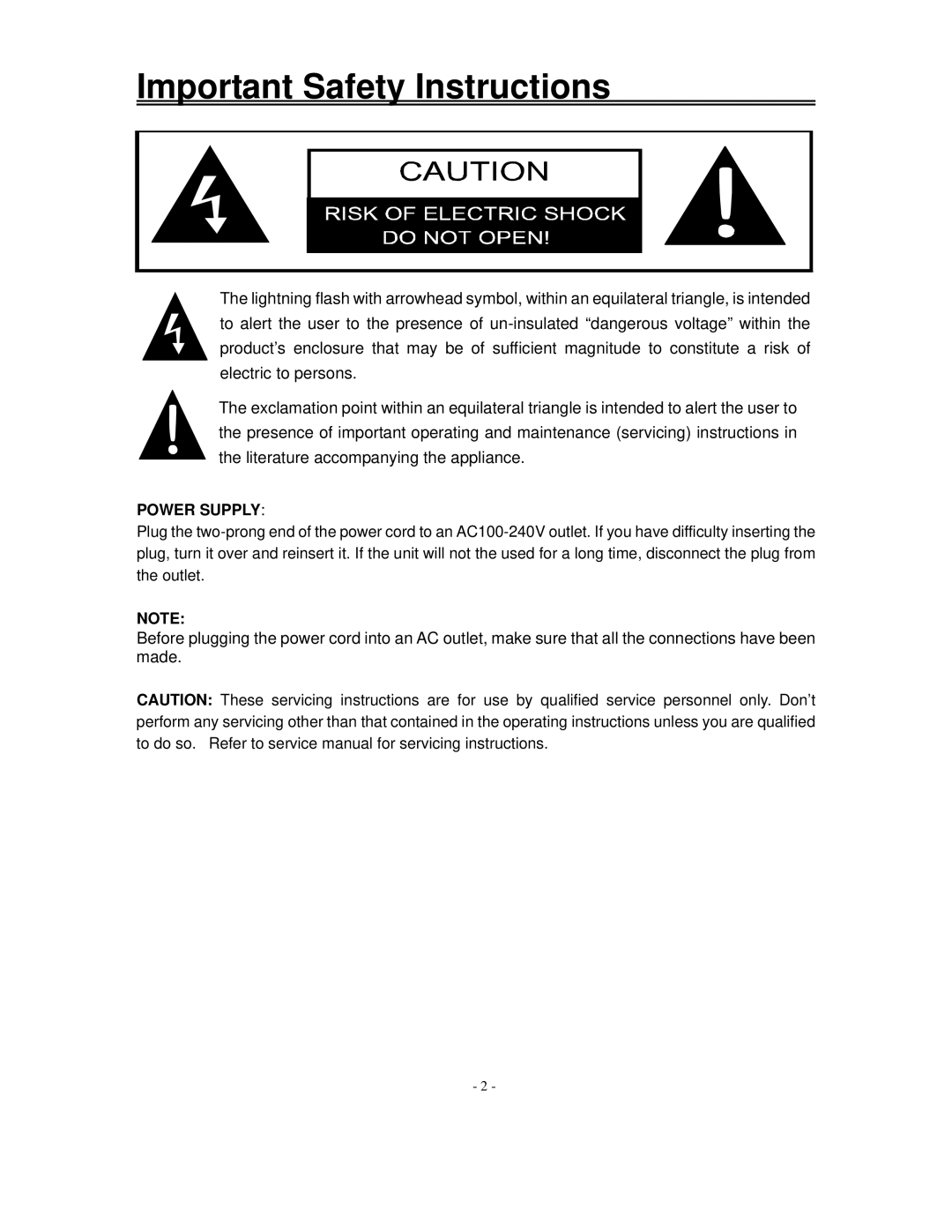 Polaroid FLM-153B, FLM-1517, FLM-1514B manual Important Safety Instructions, Power Supply 