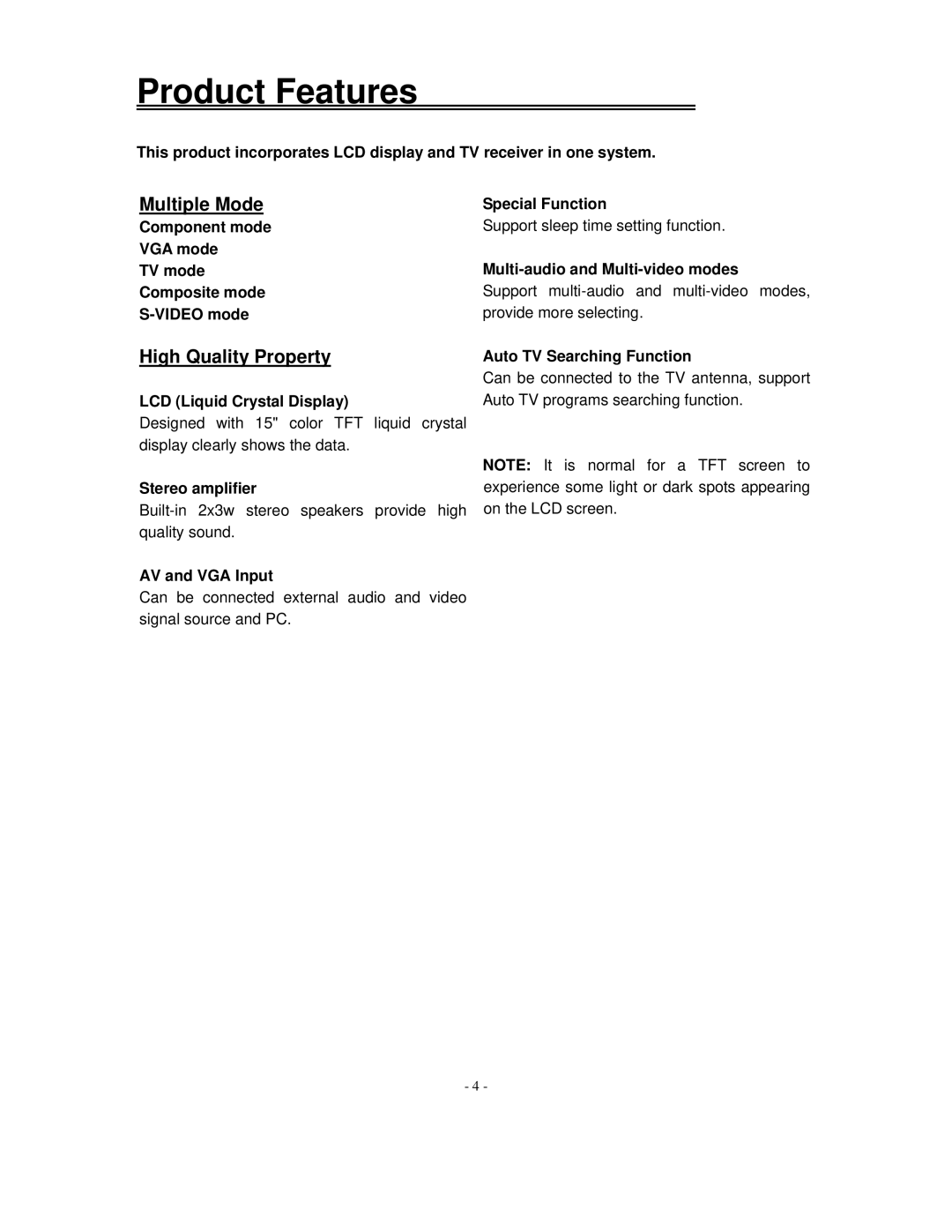 Polaroid FLM-1514B, FLM-1517, FLM-153B manual Product Features 