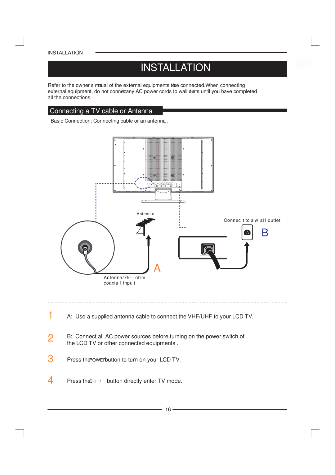 Polaroid FLM-1911 manual Installation, Connecting a TV cable or Antenna 