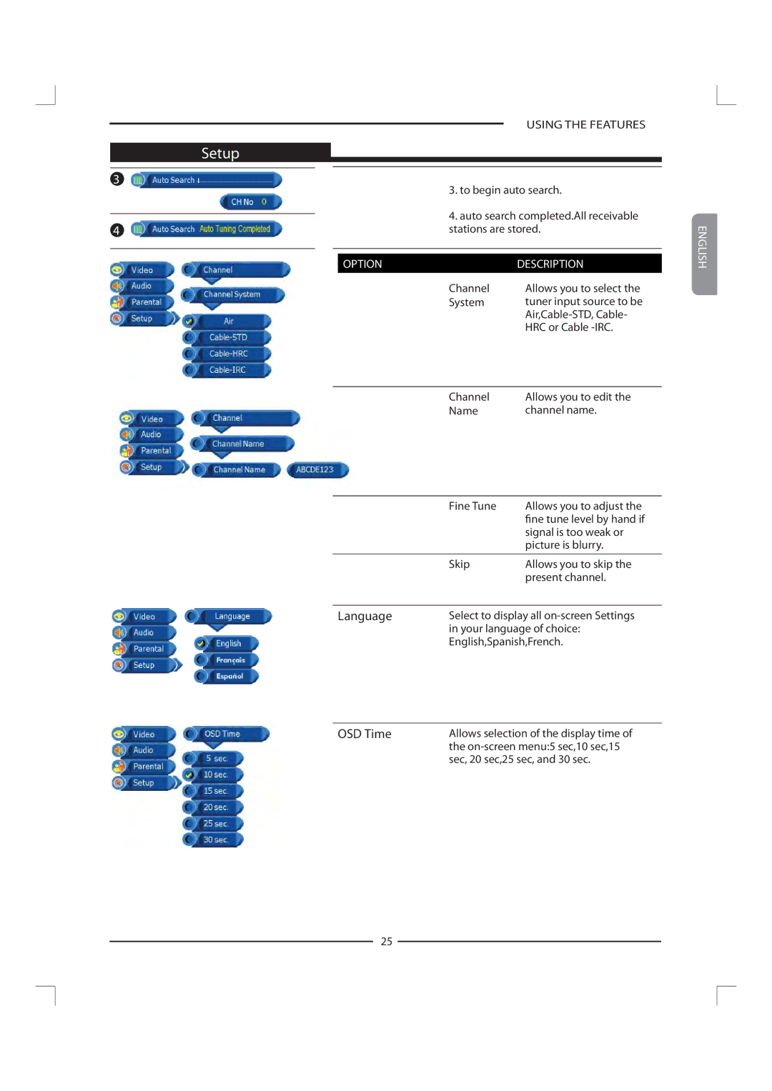 Polaroid FLM-1911 manual Language, OSD Time 