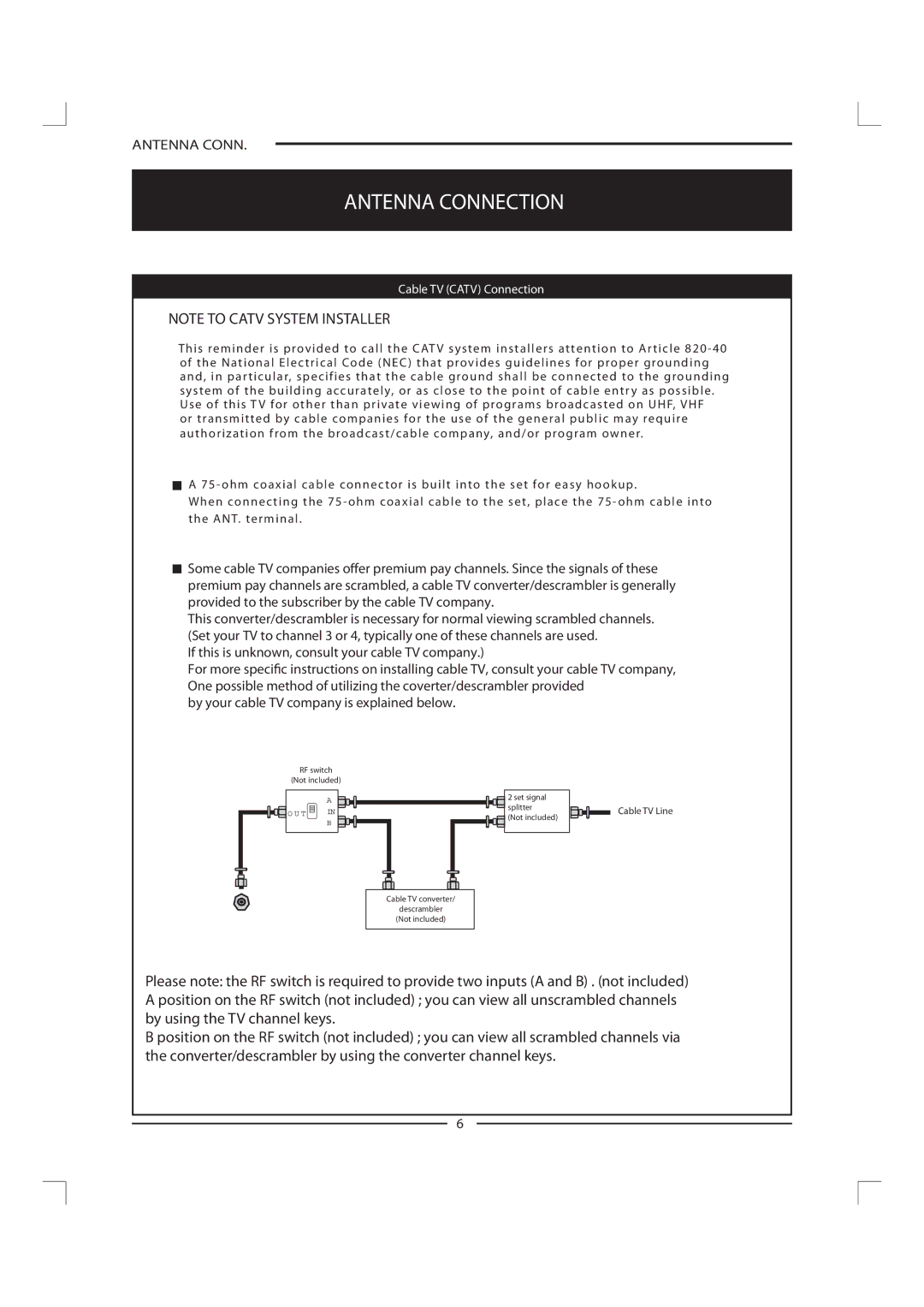 Polaroid FLM-1911 manual Cable TV Catv Connection 