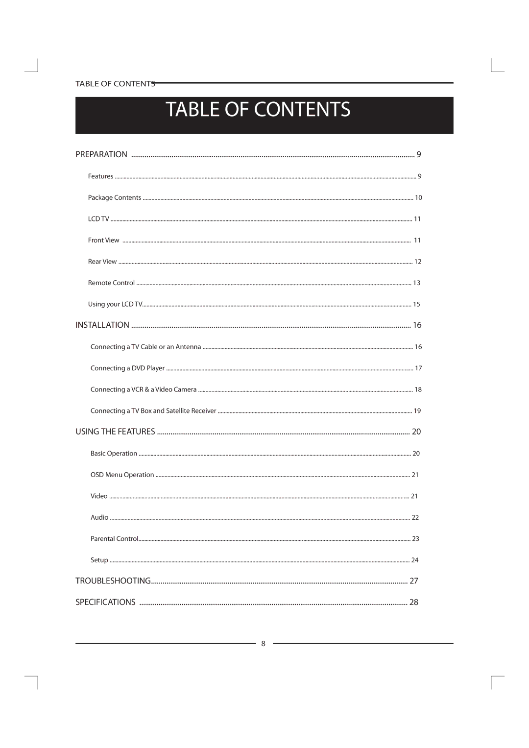 Polaroid FLM-1911 manual Table of Contents 