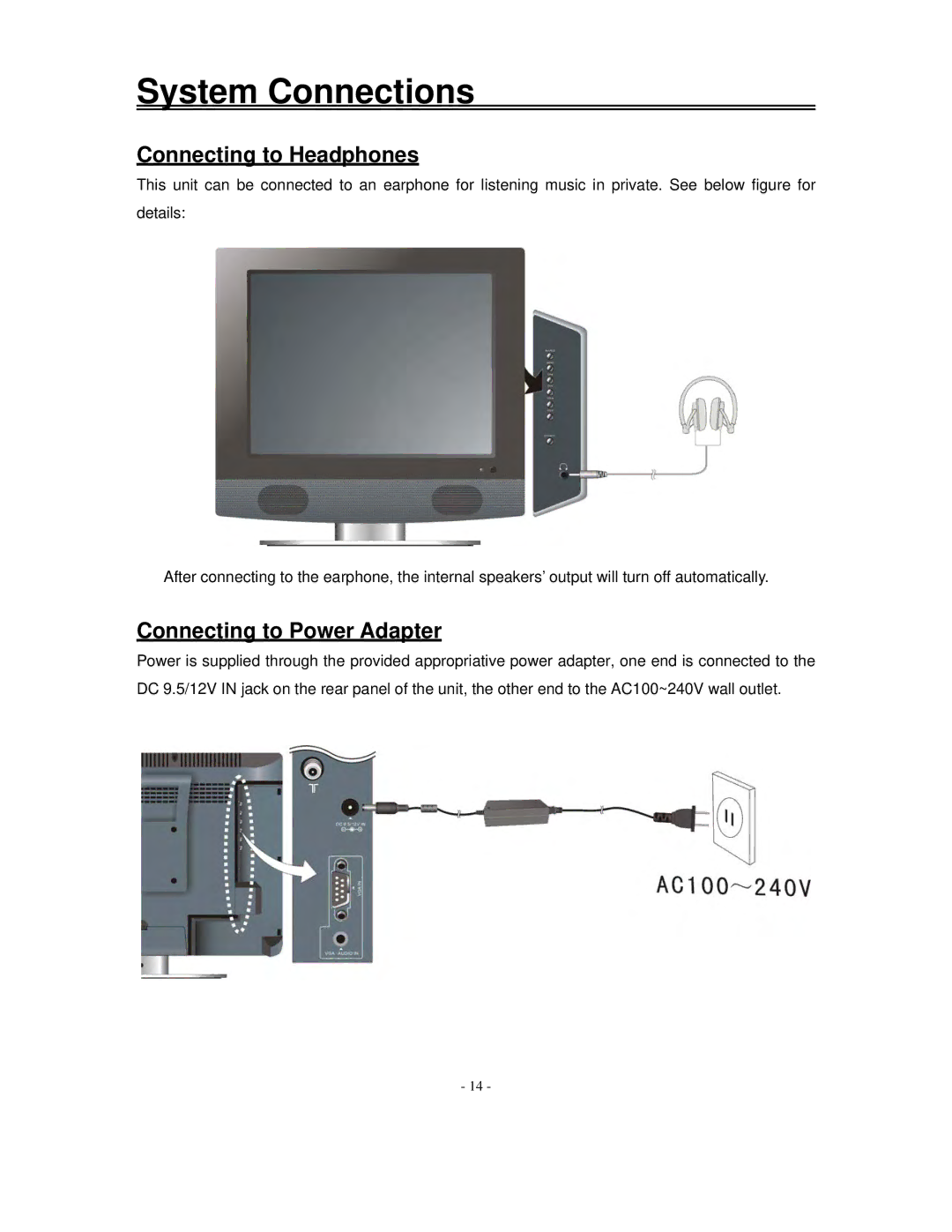 Polaroid FLM-2017 manual Connecting to Headphones, Connecting to Power Adapter 