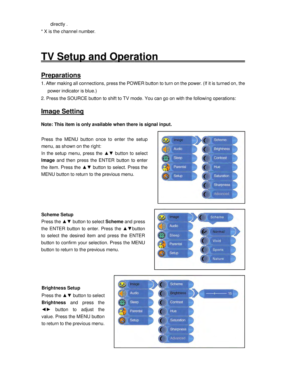 Polaroid FLM-2017 manual TV Setup and Operation, Preparations, Image Setting, Scheme Setup, Brightness Setup 