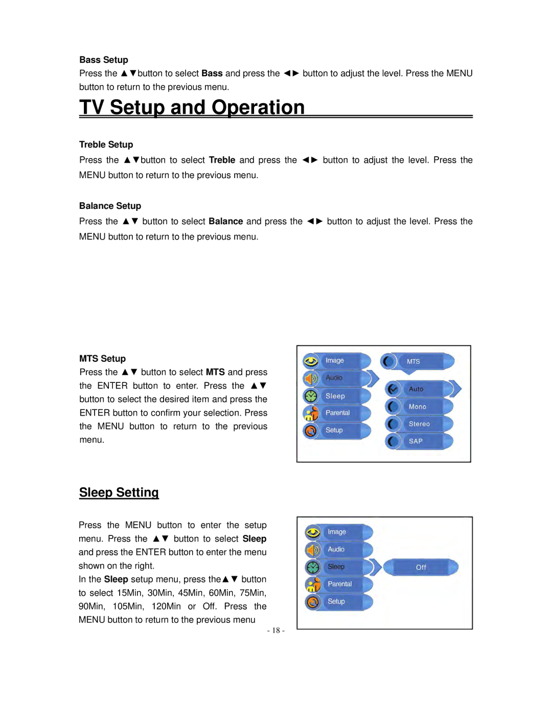 Polaroid FLM-2017 manual Sleep Setting, Bass Setup, Treble Setup, Balance Setup, MTS Setup 