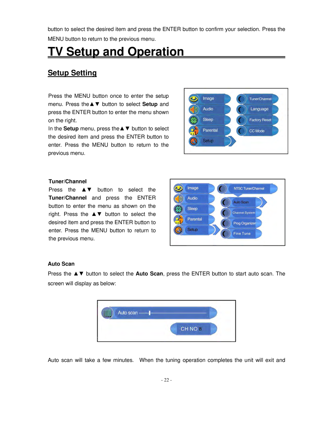 Polaroid FLM-2017 manual Setup Setting, Tuner/Channel, Auto Scan 