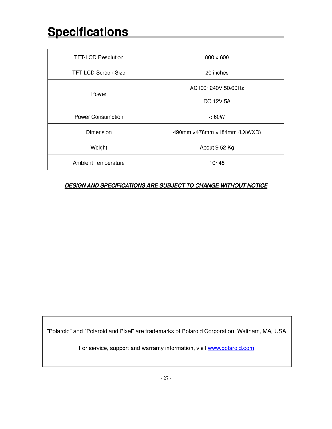 Polaroid FLM-2017 manual Specifications 