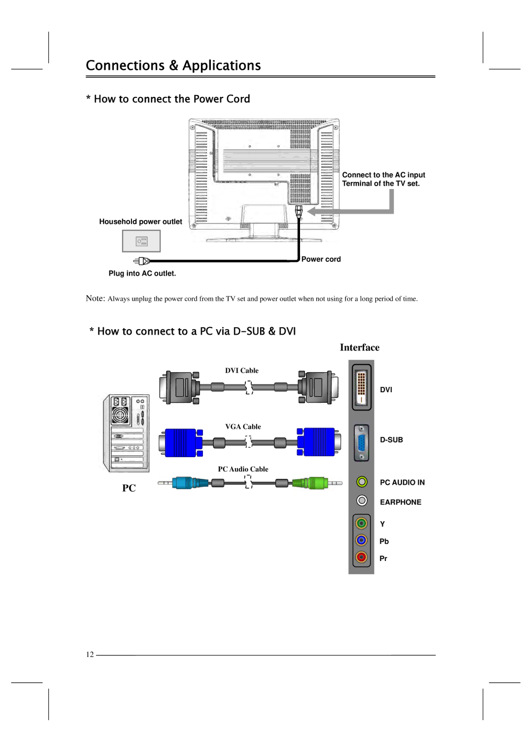 Polaroid FLM-201TM manual Connections & Applications, How to connect the Power Cord 