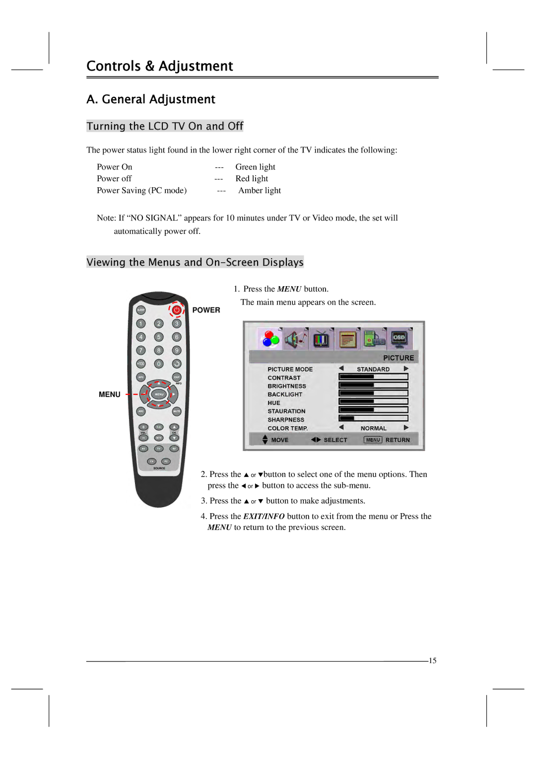 Polaroid FLM-201TM manual Controls & Adjustment, Turning the LCD TV On and Off, Viewing the Menus and On-Screen Displays 