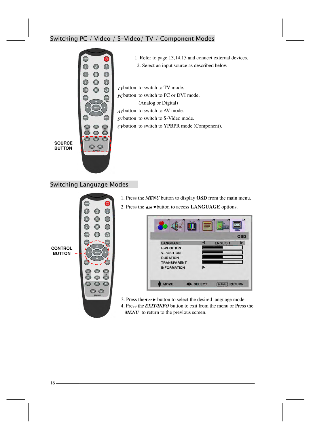 Polaroid FLM-201TM manual Switching PC / Video / S-Video/ TV / Component Modes, Switching Language Modes 