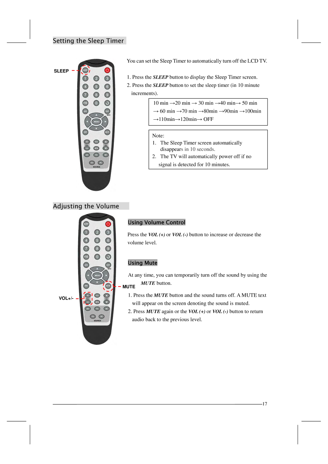 Polaroid FLM-201TM manual Setting the Sleep Timer, Adjusting the Volume, Using Volume Control, Using Mute 