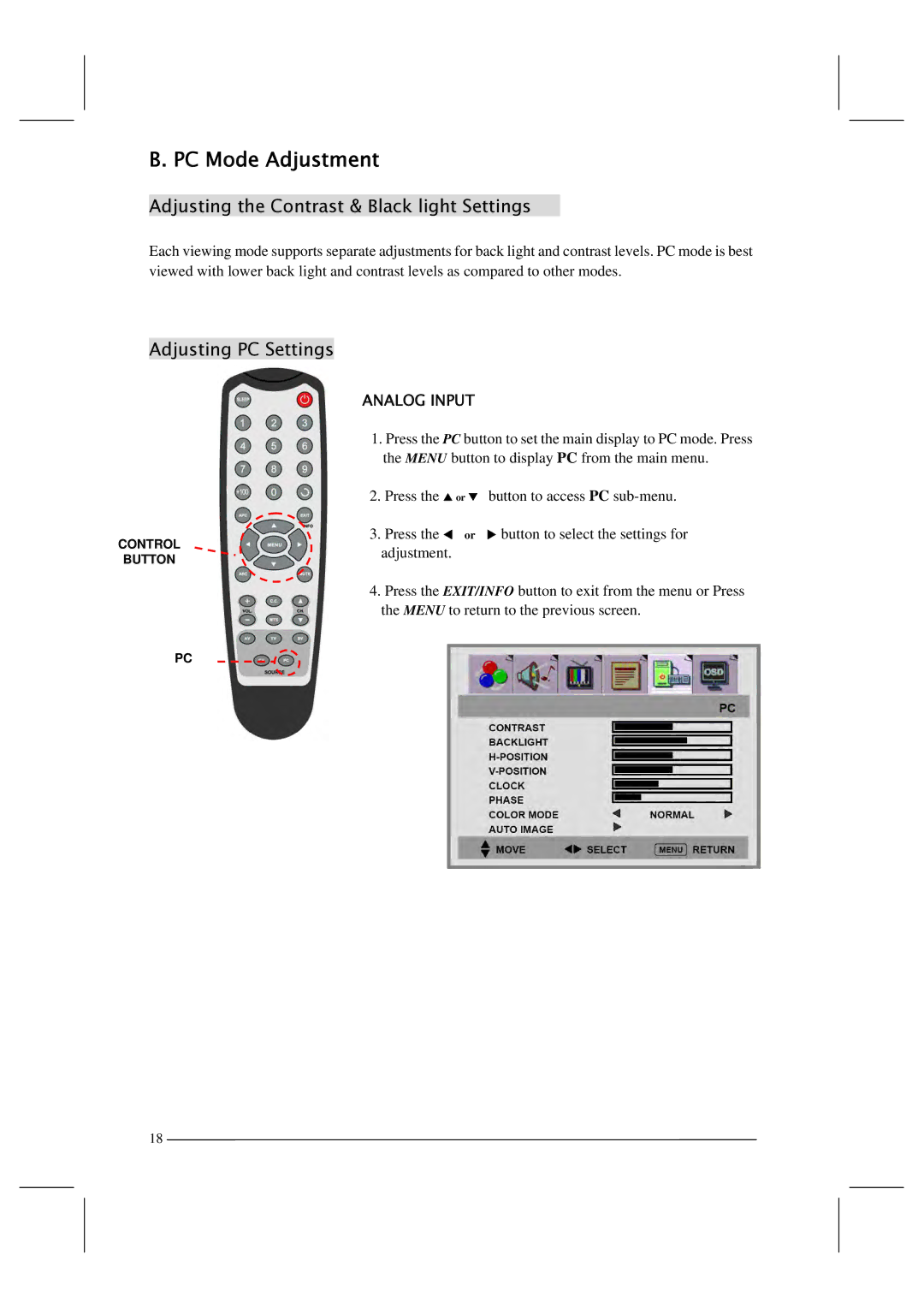 Polaroid FLM-201TM manual Adjusting the Contrast & Black light Settings, Adjusting PC Settings 