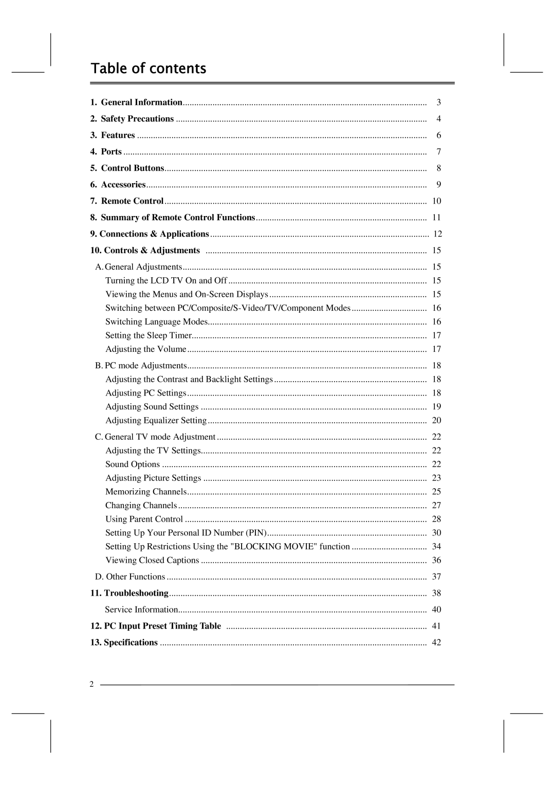 Polaroid FLM-201TM manual Table of contents 