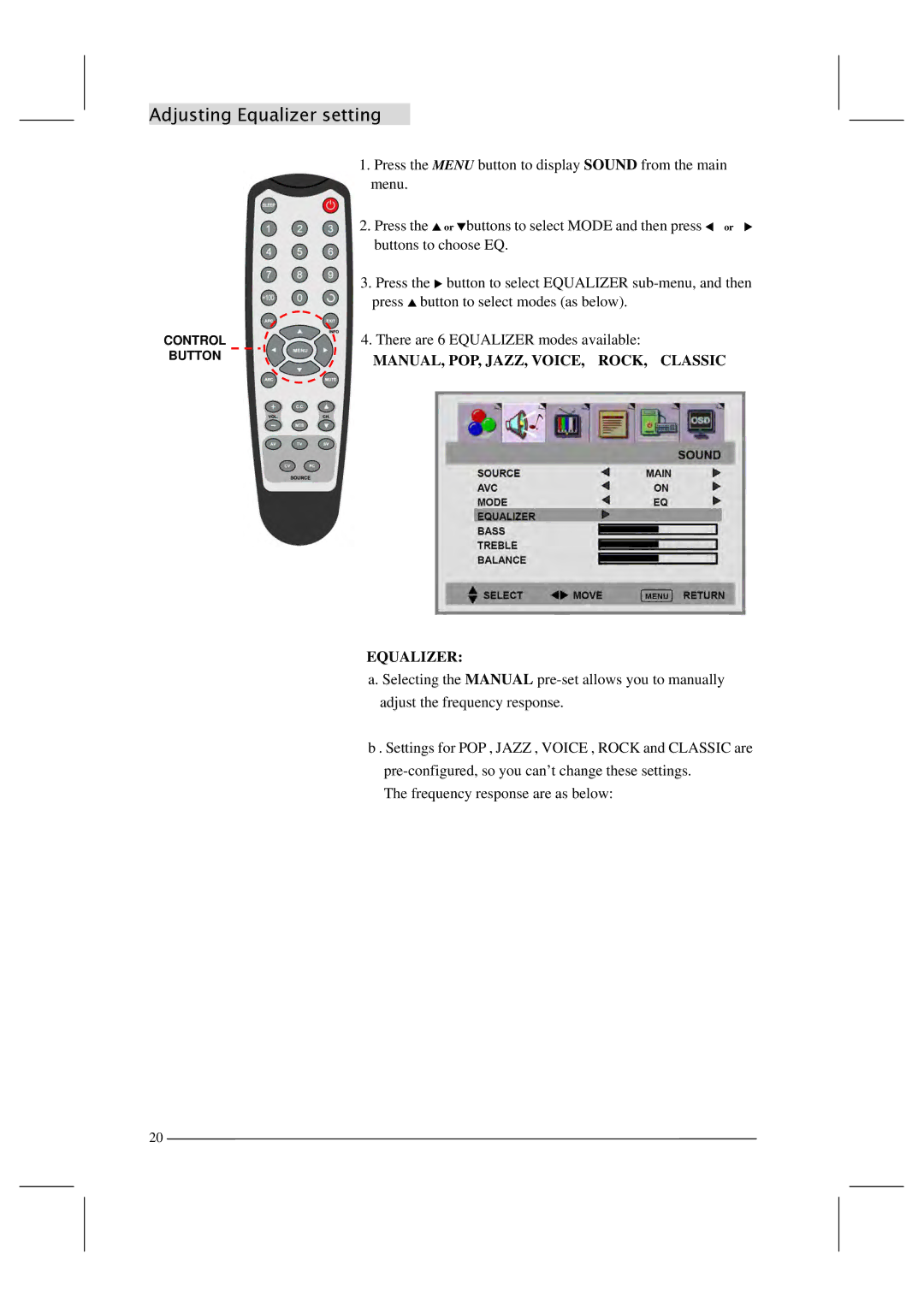 Polaroid FLM-201TM manual Adjusting Equalizer setting, MANUAL, POP, JAZZ, VOICE, ROCK, Classic Equalizer 