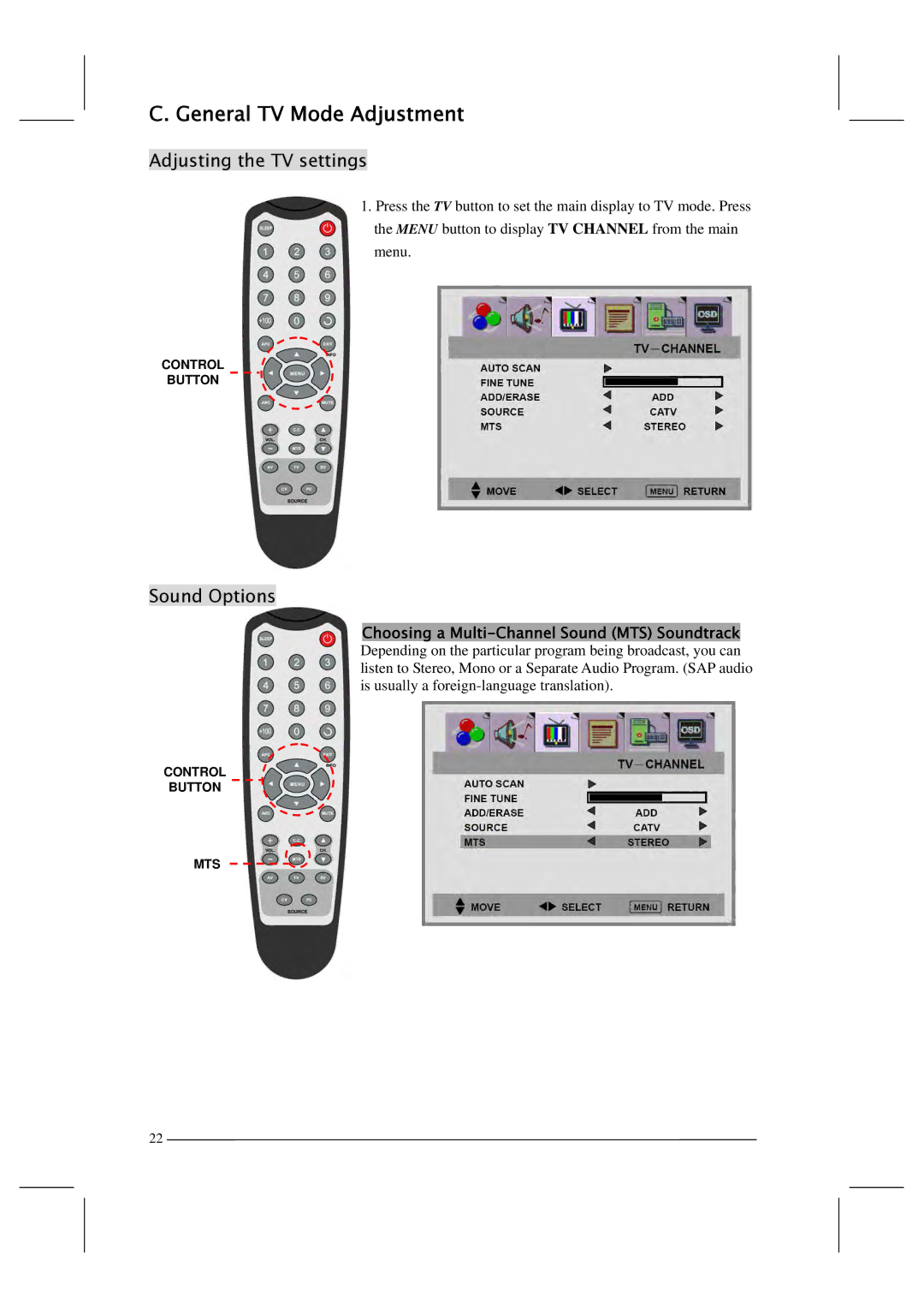 Polaroid FLM-201TM manual Adjusting the TV settings, Sound Options 