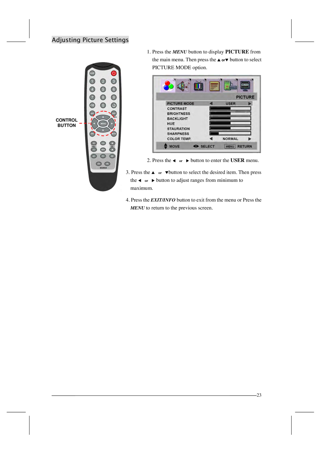 Polaroid FLM-201TM manual Adjusting Picture Settings 