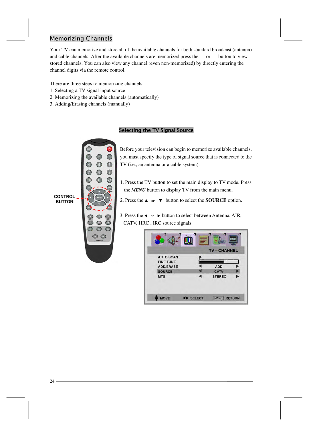 Polaroid FLM-201TM manual Memorizing Channels, Selecting the TV Signal Source 