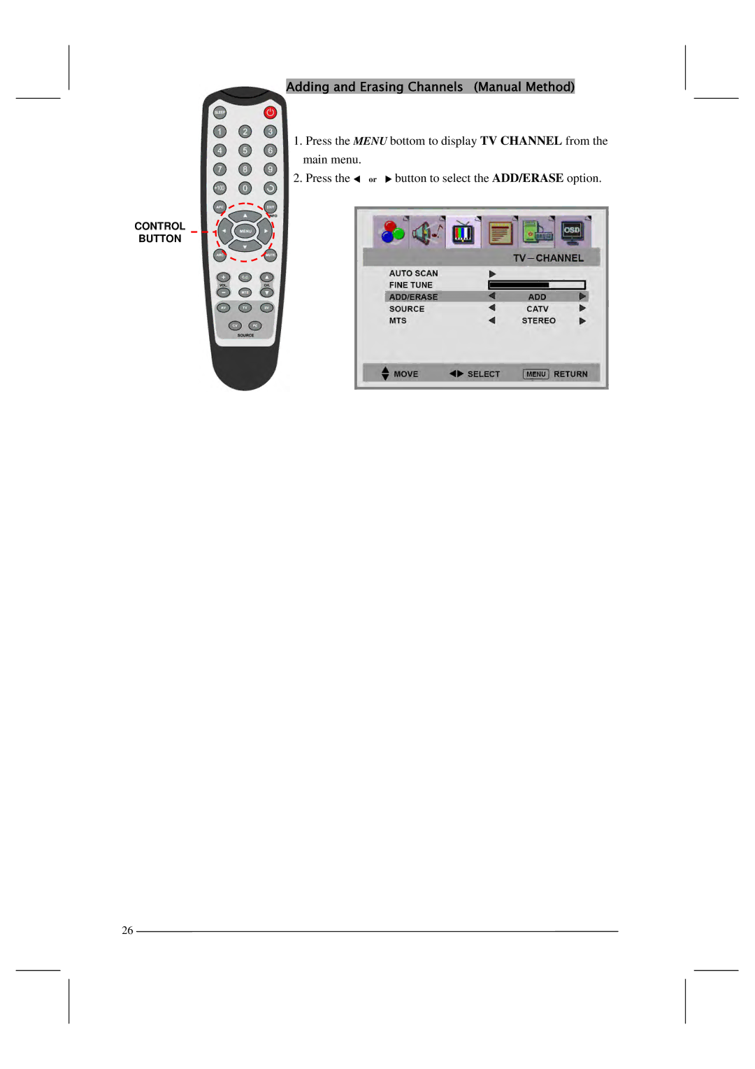 Polaroid FLM-201TM manual Adding and Erasing Channels Manual Method 