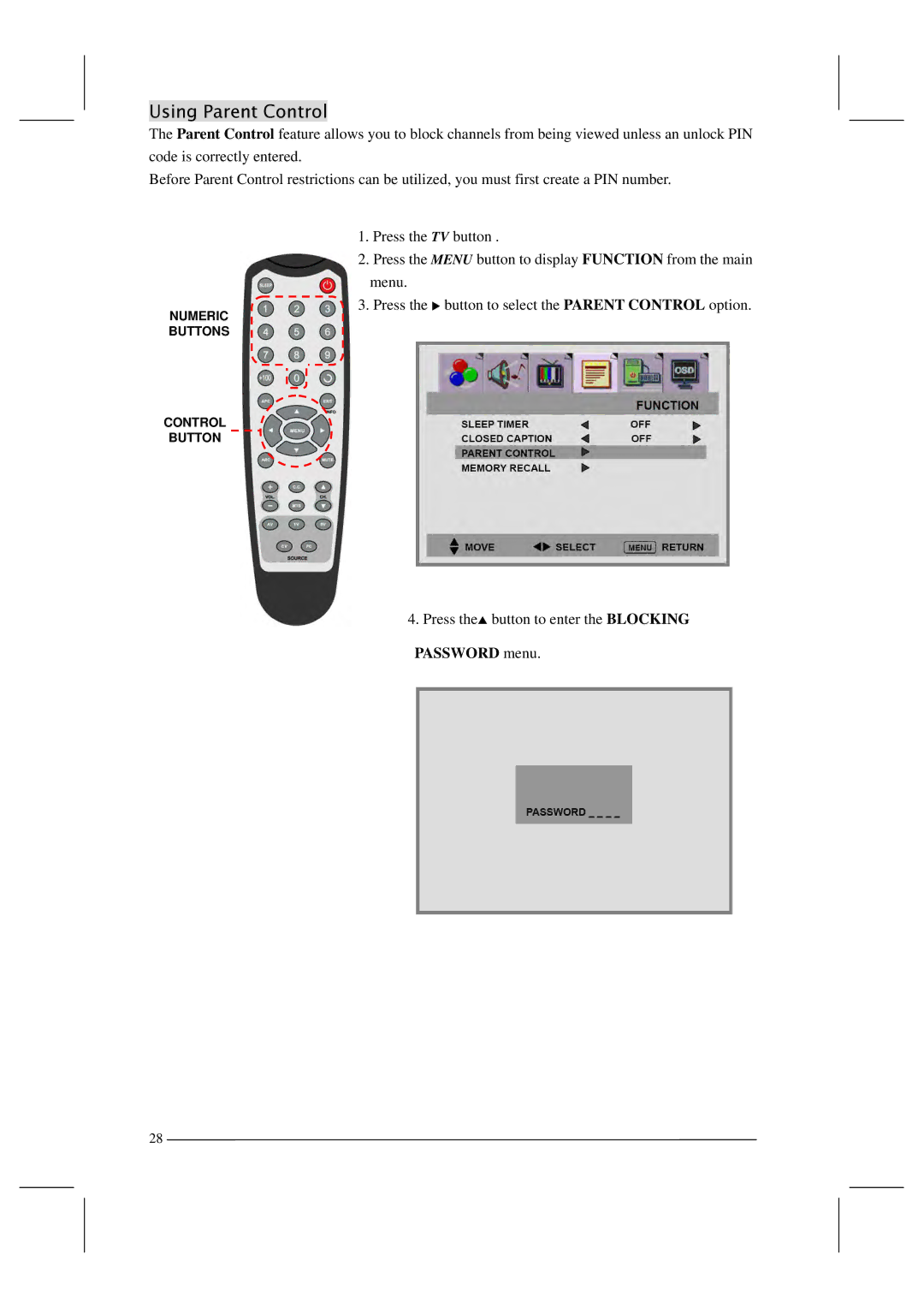 Polaroid FLM-201TM manual Using Parent Control, Password menu 