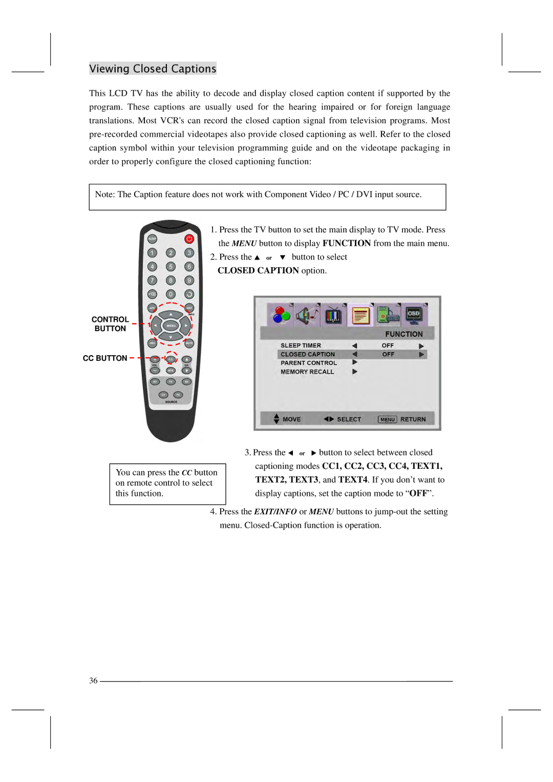 Polaroid FLM-201TM manual Viewing Closed Captions 