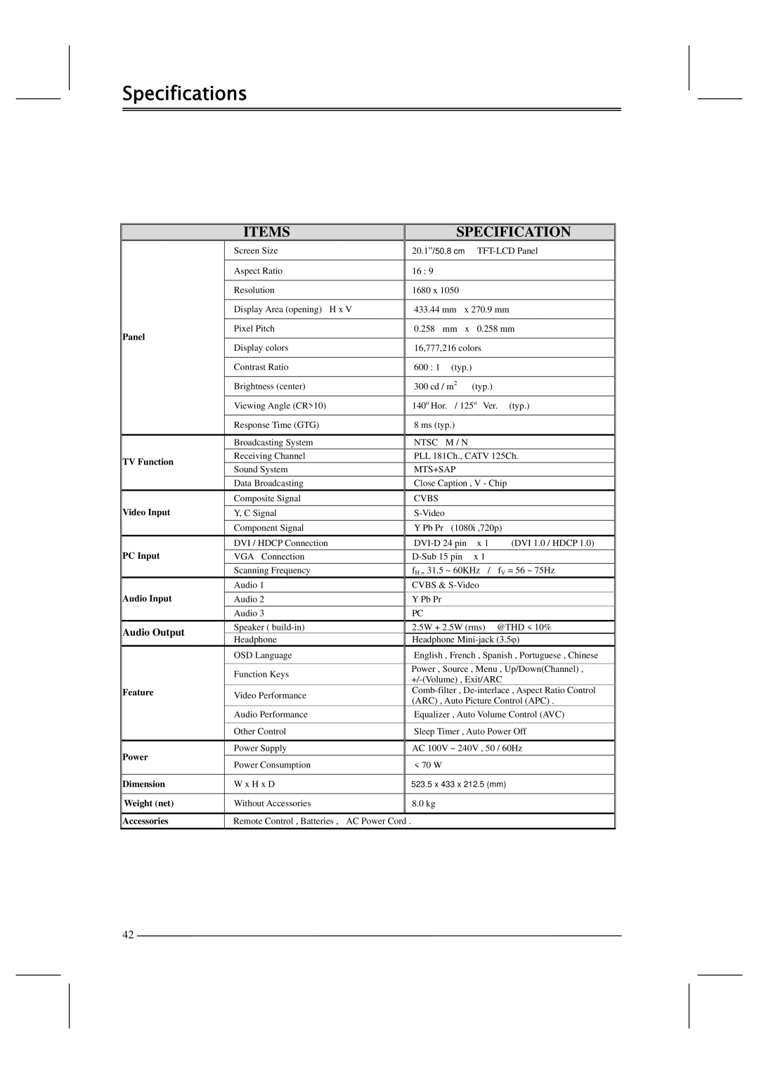 Polaroid FLM-201TM manual Specifications, Items Specification 