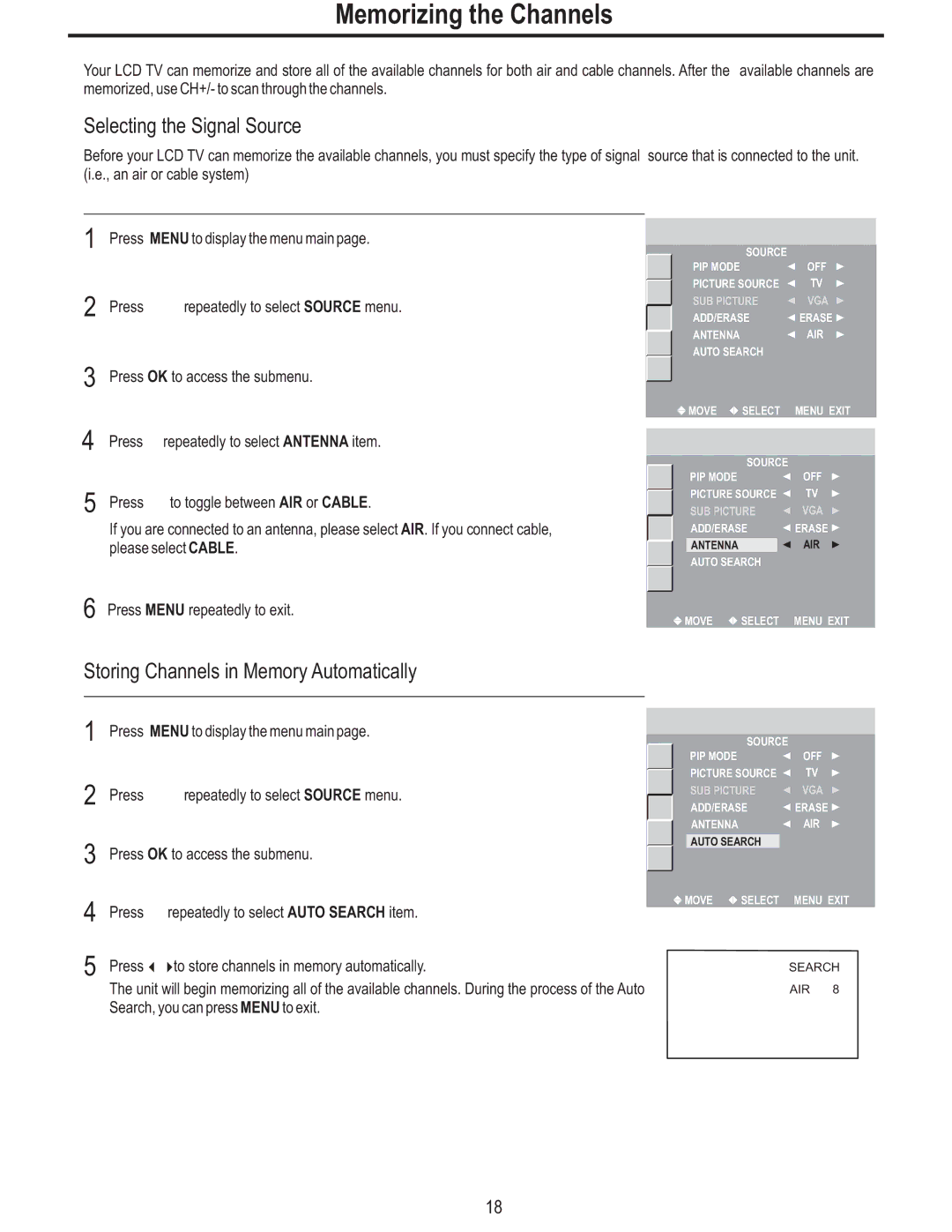 Polaroid FLM-2625 manual Memorizing the Channels, Selecting the Signal Source, Storing Channels in Memory Automatically 