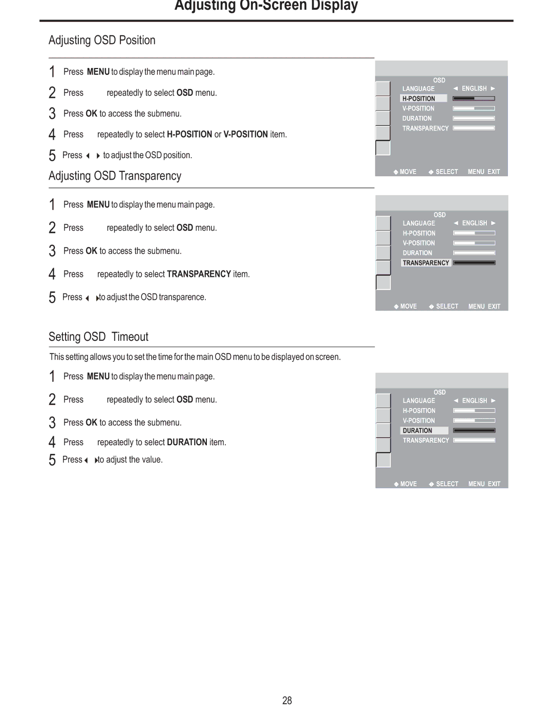 Polaroid FLM-2625 Adjusting On-Screen Display, Adjusting OSD Position, Adjusting OSD Transparency, Setting OSD Timeout 