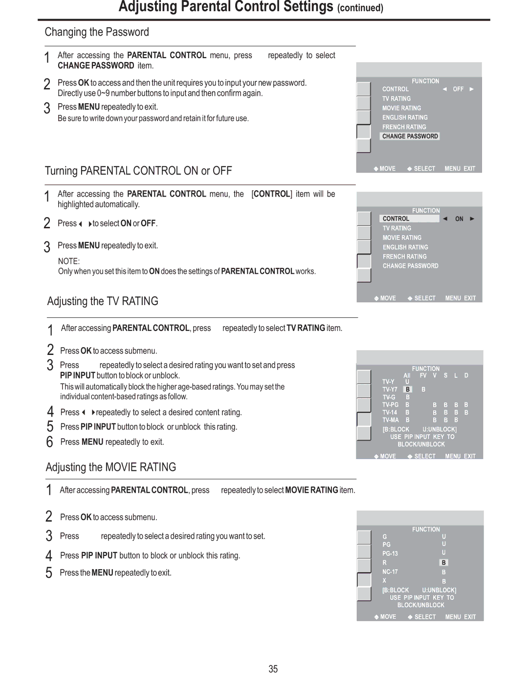 Polaroid FLM-2625 Changing the Password, Turning Parental Control on or OFF, Adjusting the TV Rating, Change Password item 