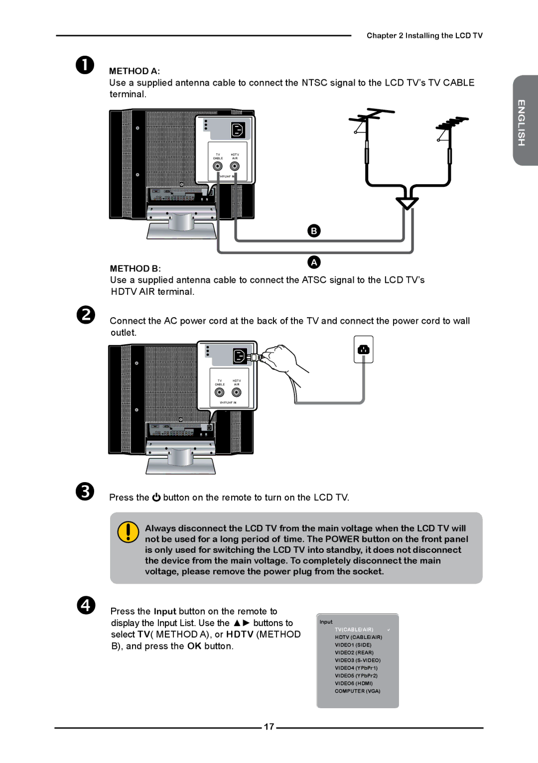 Polaroid FLM-2632 manual Press the button on the remote to turn on the LCD TV, Method a 