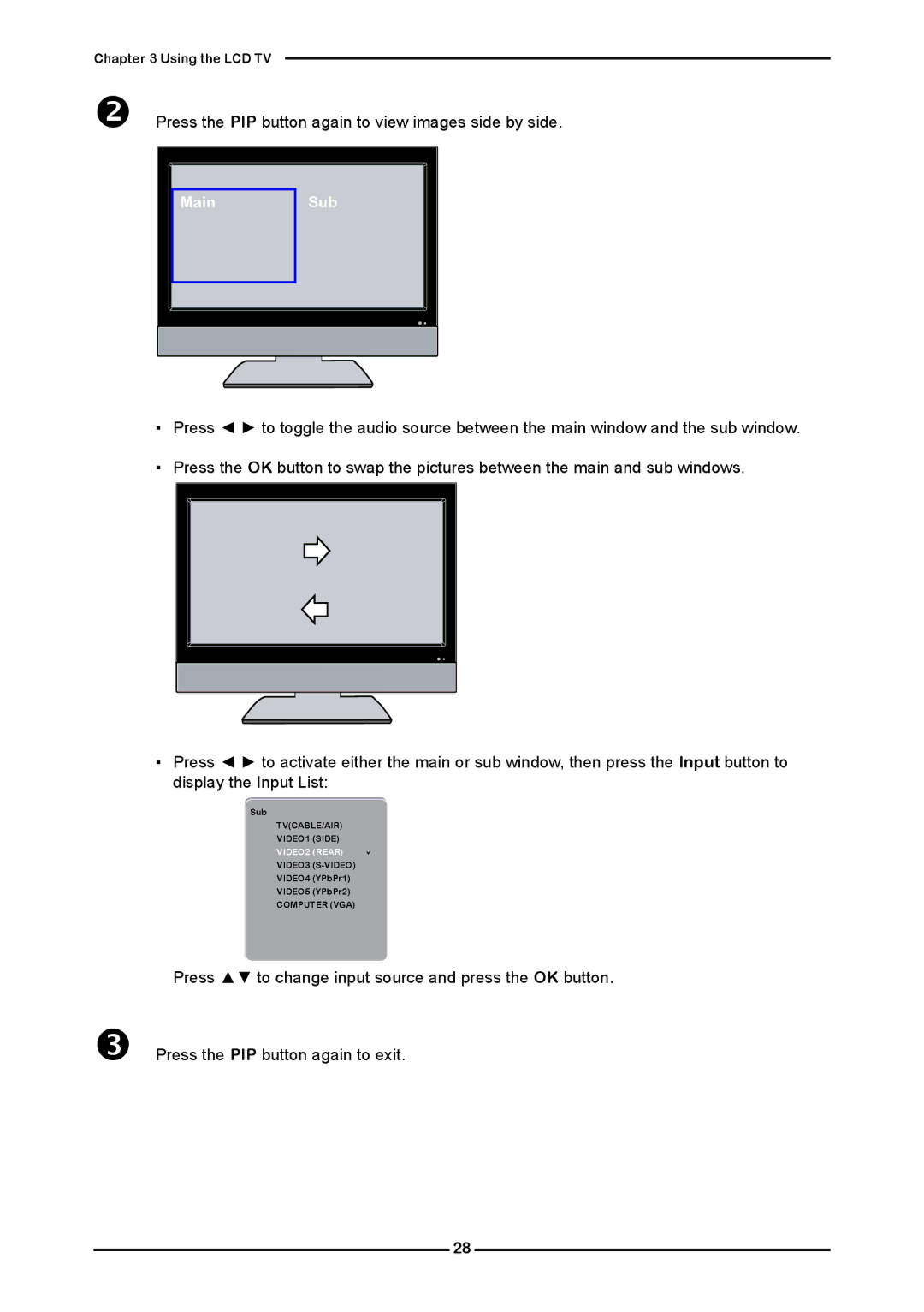 Polaroid FLM-2632 manual  Press the PIP button again to view images side by side 