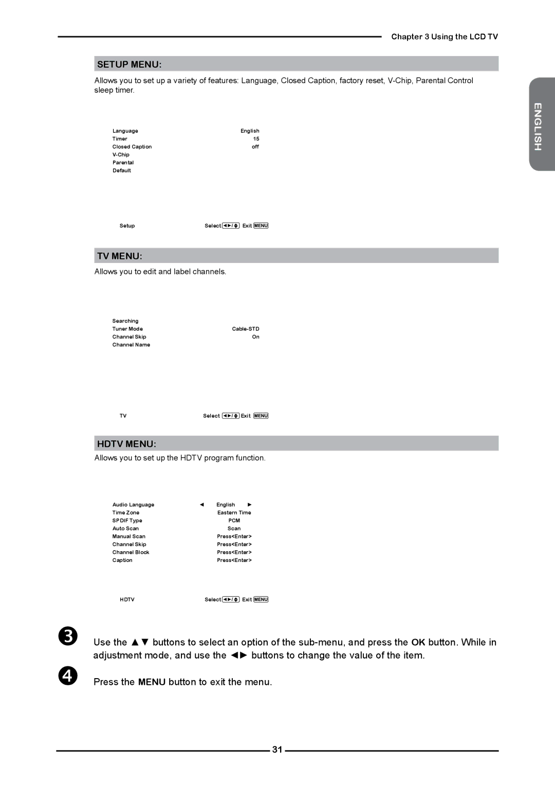 Polaroid FLM-2632 manual Setup Menu, TV Menu, Hdtv Menu 