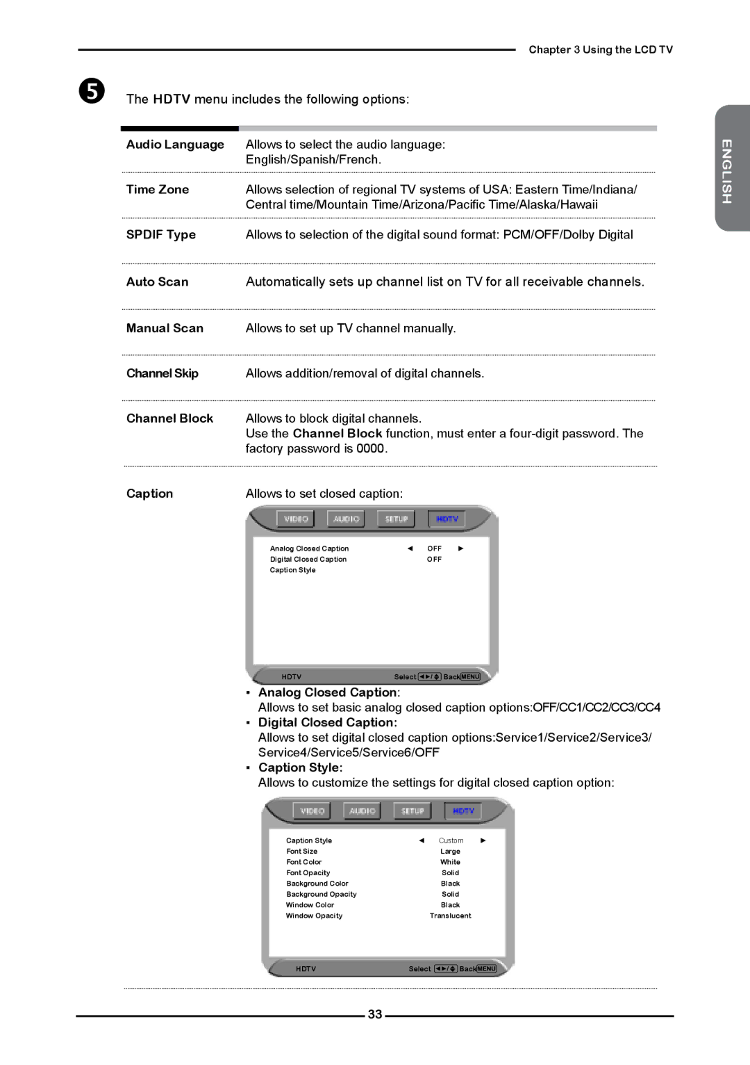 Polaroid FLM-2632 manual  The Hdtv menu includes the following options 