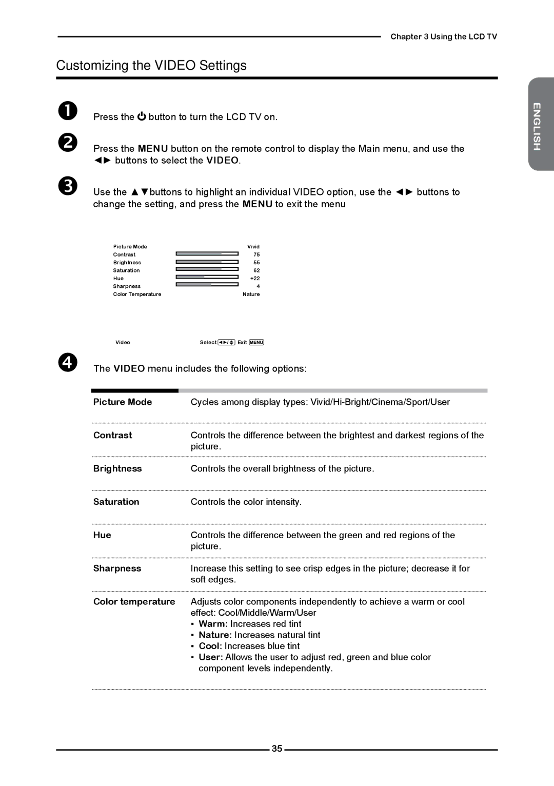 Polaroid FLM-2632 manual Customizing the Video Settings,  The Video menu includes the following options 