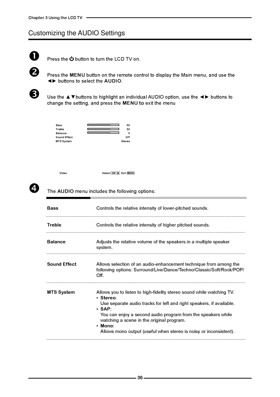 Polaroid FLM-2632 manual Customizing the Audio Settings,  The Audio menu includes the following options, Sap 