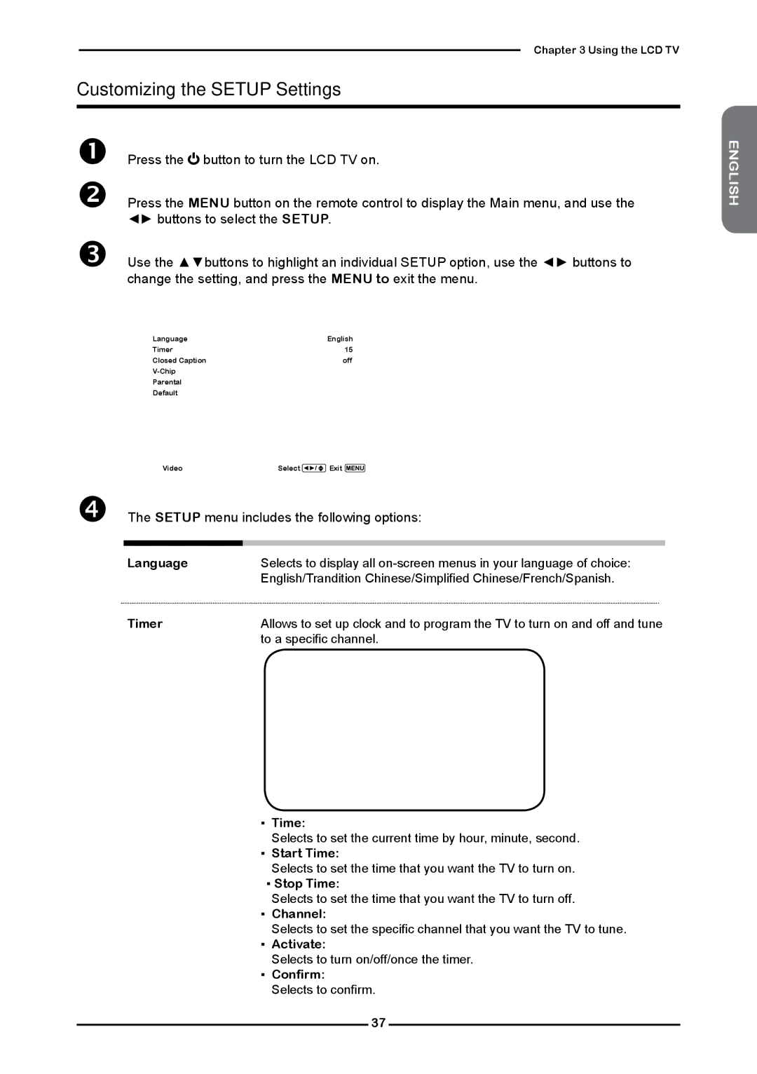 Polaroid FLM-2632 manual Customizing the Setup Settings,  The Setup menu includes the following options 