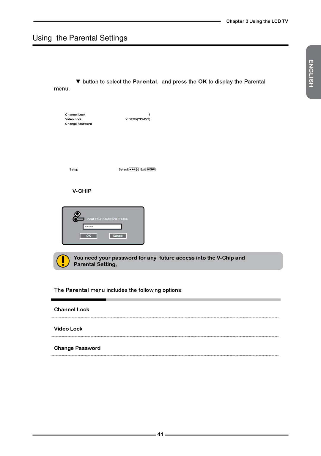 Polaroid FLM-2632 manual Using the Parental Settings,  The Parental menu includes the following options 