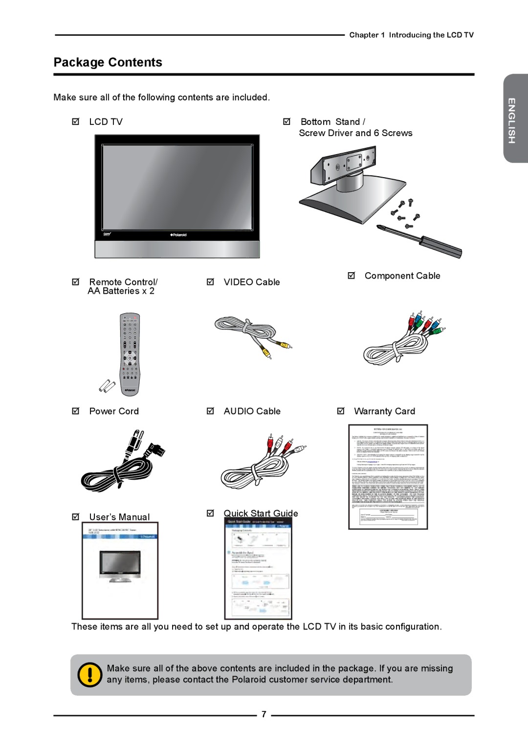 Polaroid FLM-2632 manual Package Contents 