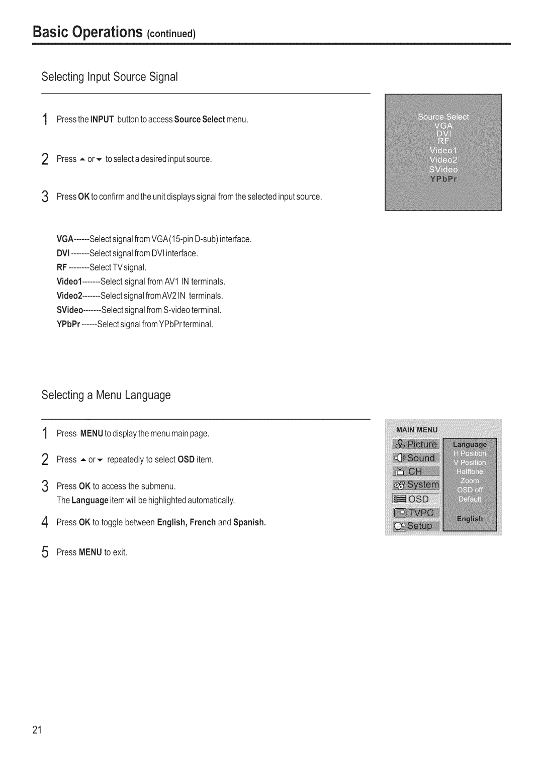 Polaroid FLM-3201 manual Basic Operations cootooe¢, Selecting InputSourceSignal, Selecting a MenuLanguage, Vga 