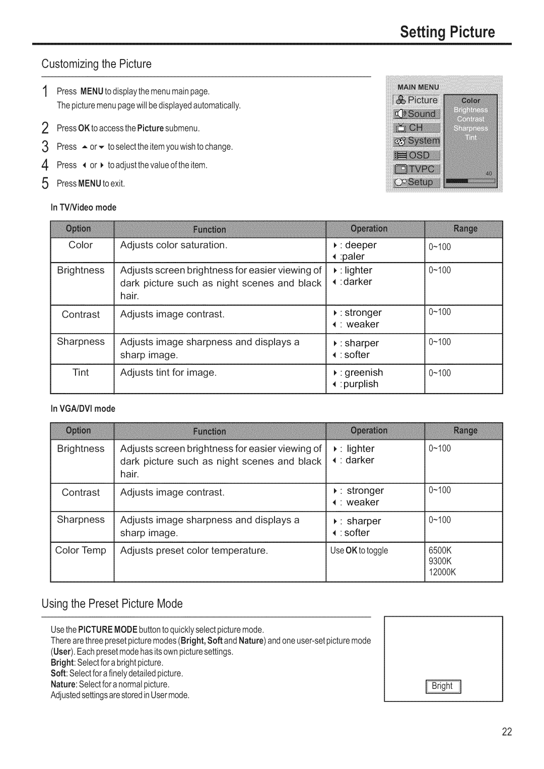 Polaroid FLM-3201 manual Setting Picture, Customizingthe Picture, Usingthe PresetPicture Mode, Image 