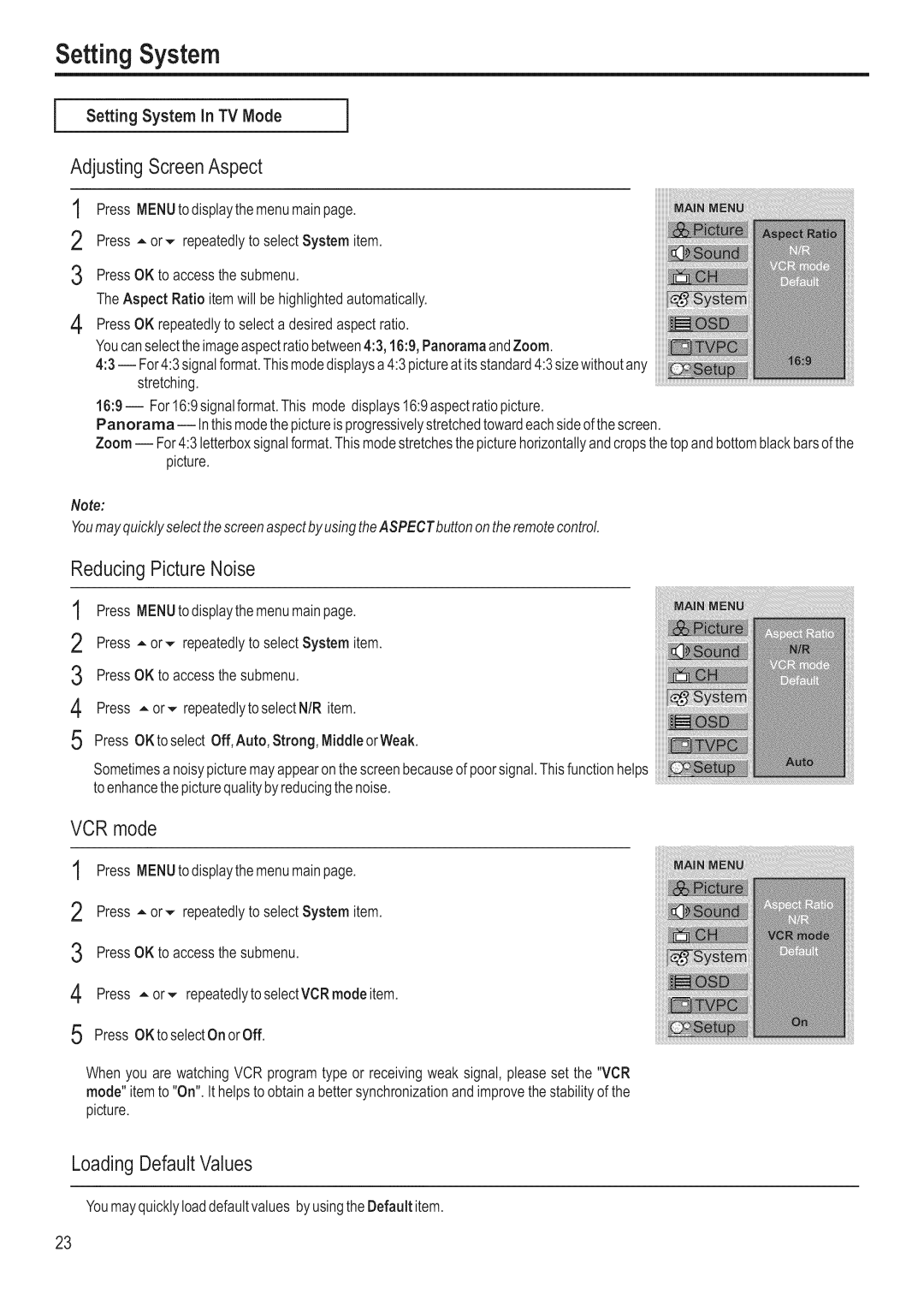 Polaroid FLM-3201 manual Setting System, Adjusting ScreenAspect, ReducingPicture Noise, VCR mode, LoadingDefaultValues 