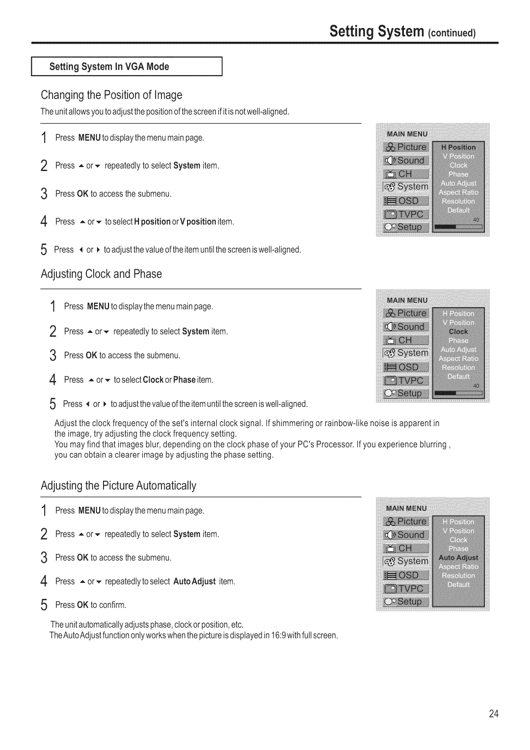 Polaroid FLM-3201 manual Setting System contnoe¢, Changingthe Positionof Image, Adjusting Clockand Phase 