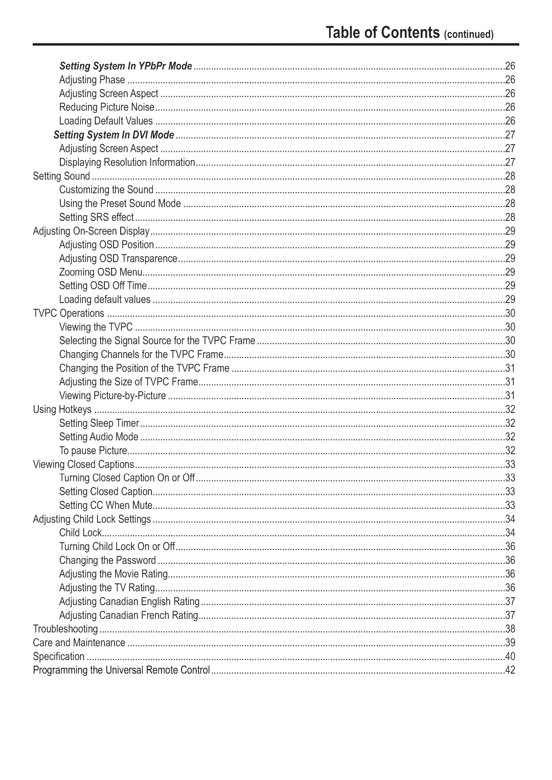 Polaroid FLM-3201 manual Table of Contentscootioued 