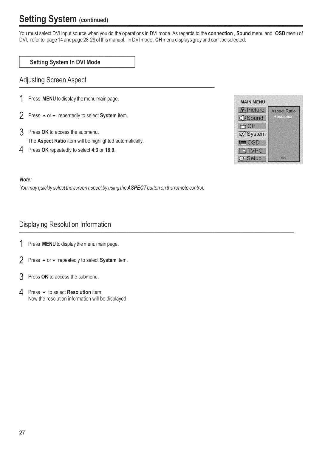 Polaroid FLM-3201 manual Setting System continoed, Setting System in DVI Mode 