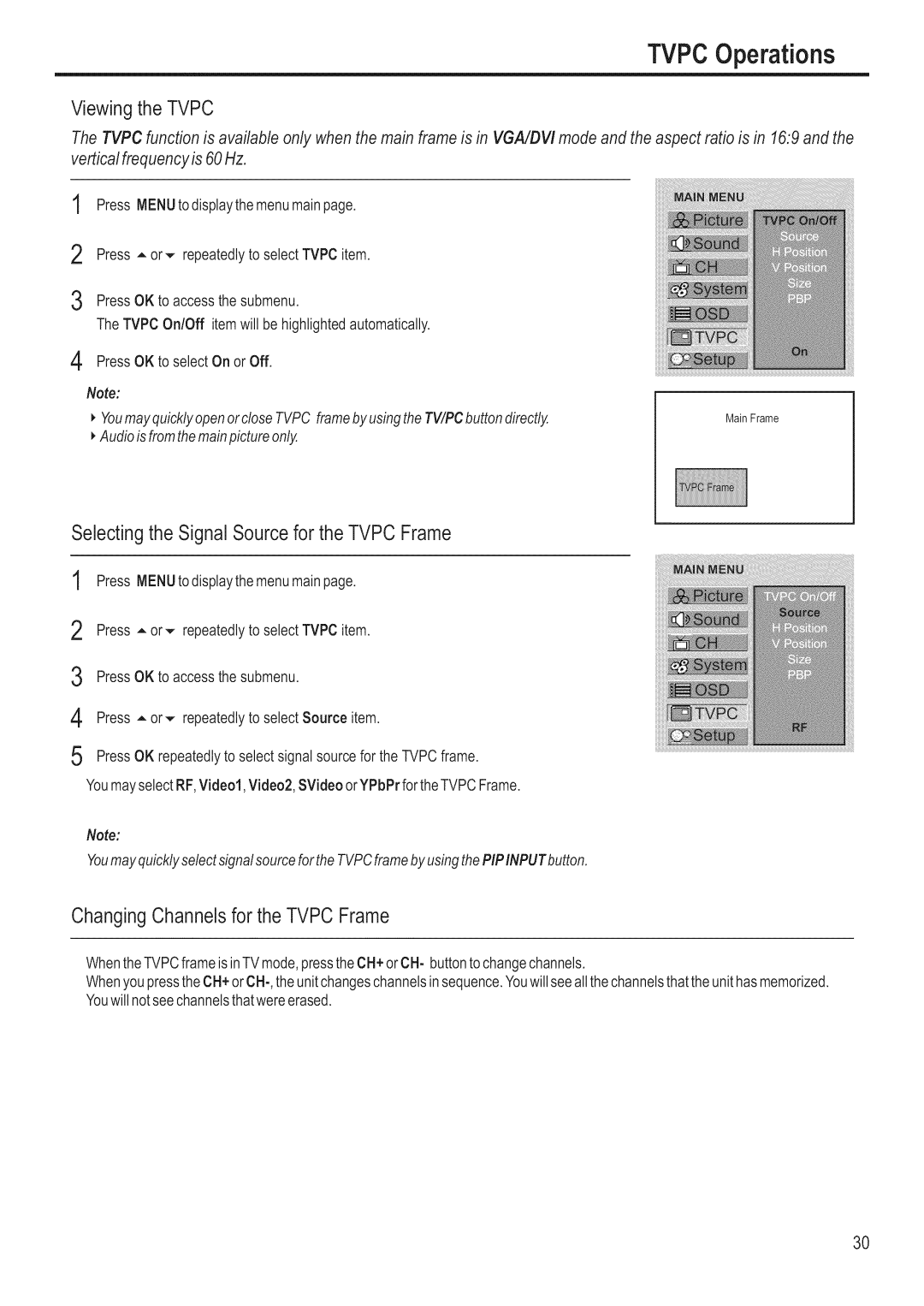 Polaroid FLM-3201 manual Viewingthe Tvpc, Selectingthe Signal Sourcefor the Tvpc Frame, ChangingChannelsfor the Tvpc Frame 