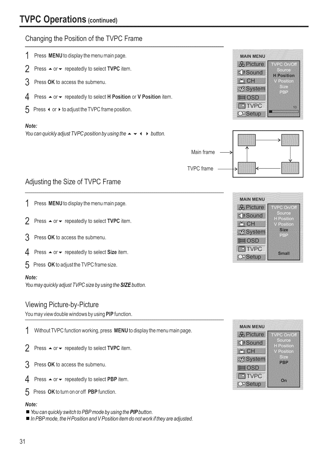 Polaroid FLM-3201 manual TVPCOperations cootooe¢, Changingthe Positionof the Tvpc Frame, Adjusting the Size of Tvpc Frame 