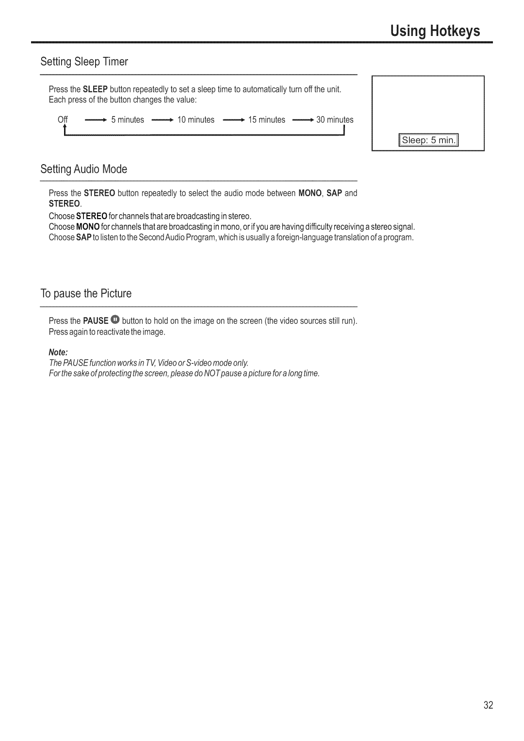 Polaroid FLM-3201 manual UsingHotkeys, SettingSleepTimer, SettingAudio Mode, Topausethe Picture 