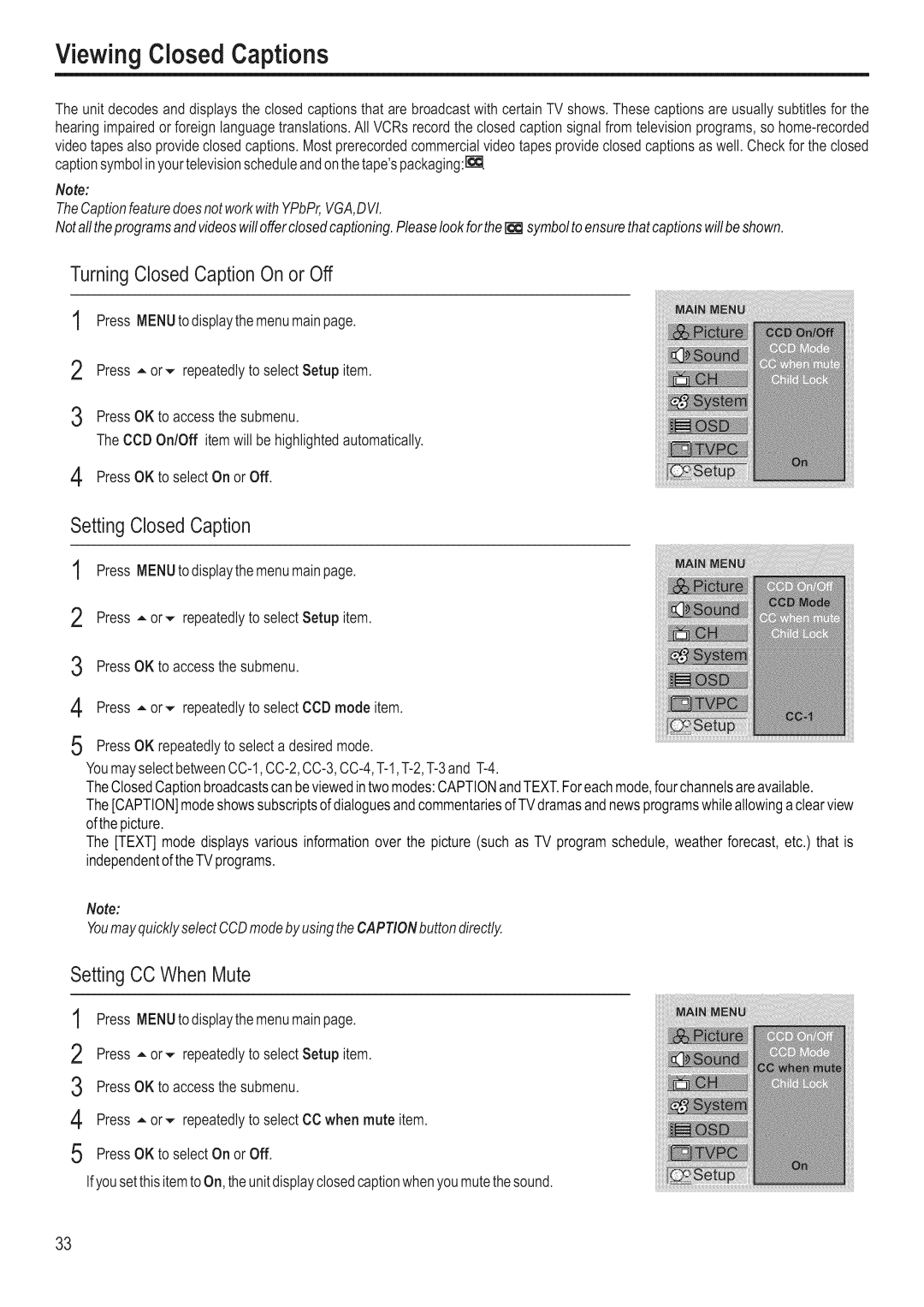 Polaroid FLM-3201 Viewing Closed Captions, TurningClosed Caption On or Off, Setting ClosedCaption, Setting CC When Mute 